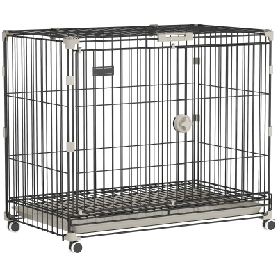 PawHut Gaiola para Cães Dobrável, Bandeja Removível, Rodas com Travas, Teto Abrível, Porta de Alimentação, 75,5x46x64,5cm, Preto