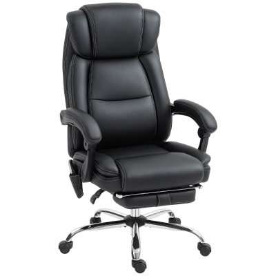 HOMCOM Fotel Biurowy Ergonomiczny z Funkcją Masażu, Podnóżkiem, Czarny Skórzany