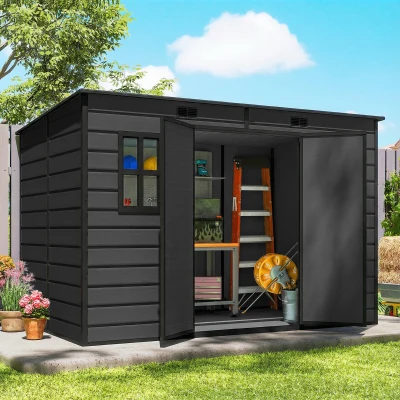 Outsunny Resin Garden Shed Lockable Doors Dark Grey 10x6 ft