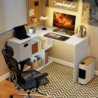 HOMCOM Birou în Formă de L pentru Computer, 110x100 cm, Birou cu Raft și Sertar din Material Textil, Masă PC pentru Dormitor, Birou și Cameră de Studiu, Alb