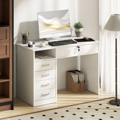 HOMCOM Computer Desk with Lockable Drawer 110x50cm White