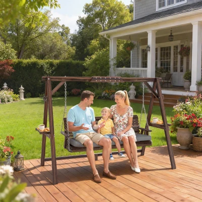 Outsunny 3-Seater Wooden Swing Chair Bench Outdoor Brown