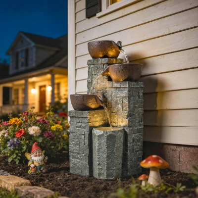 Outsunny 4-Tier Garden Fountain with LED Lights Grey Brown