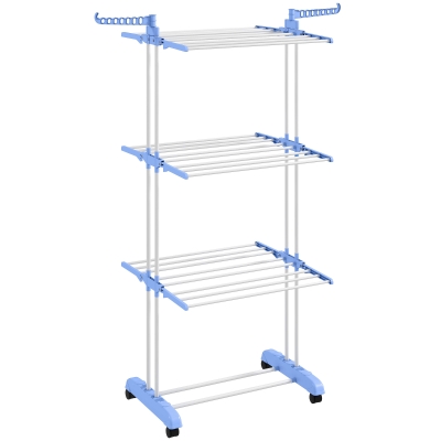 HOMCOM Tendedero Vertical Plegable con Ruedas Tendedero de Ropa de 3 Niveles con Alas Plegables 73x64x172 cm Azul y Blanco