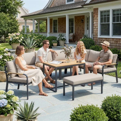 Outsunny Set mobilier grădină 7 piese Colțar modular exterior cu masă WPC și pouf bej și gri