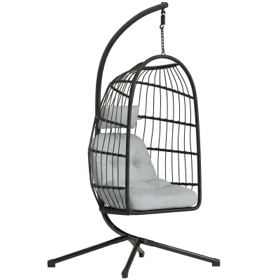 Outsunny Hangstoel met Standaard Opvouwbare Polyrattan Mand met Kussen Veiligheidsgordel Hoofdkussen Banden, Verstelbare Hoogte