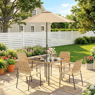 Outsunny Rattan Dining Set 4 Seater Glass Table Parasol Garden