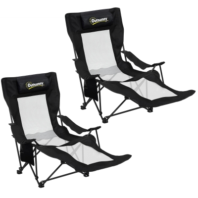 Outsunny Conjunto de 2 Sillas Plegables Camping Reclinables con Reposapiés Desmontable Reposacabezas Portavasos y Bolsa Negro