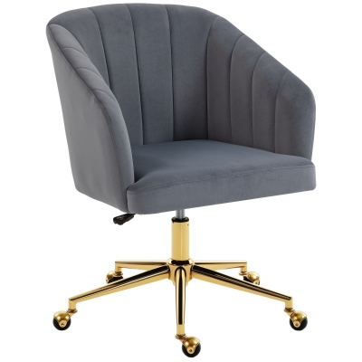 HOMCOM Silla de Oficina con Ruedas de Terciopelo con Respaldo Acolchado Altura Ajustable Espuma Alta Resiliencia Gris