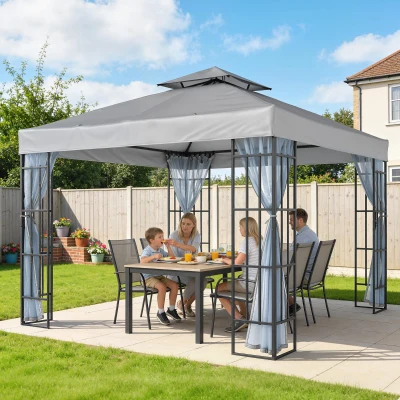 Outsunny Patio Gazebo Tent 3x3m with Netting Light Grey