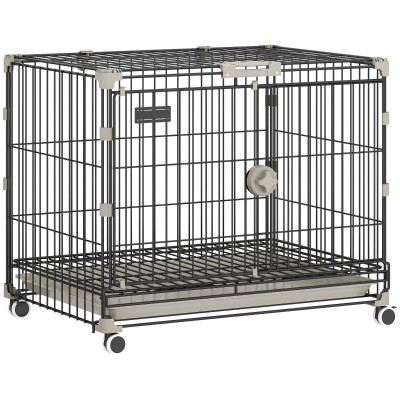 PawHut Jaula para Perro Plegable, Bandeja Extraíble, Ruedas con Frenos, Techo Abatible, Puerta para Alimentación, 60,5x45,5x54,5cm, Negro