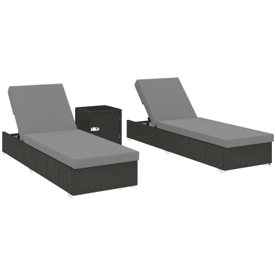 Outsunny Rattan Sun Loungers Set w/ Table, Cushions, Grey