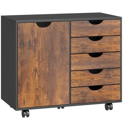 HOMCOM Mobilier de depozitare pentru birou 5 sertare 1 ușă poliță reglabilă, suport imprimantă pe roți, 78x40x66,5 cm, maro