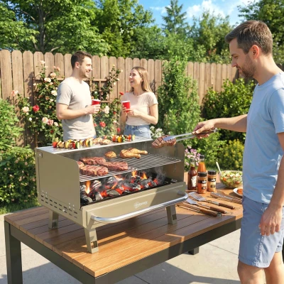 Outsunny Portable Charcoal BBQ Grill with Shelf, Khaki