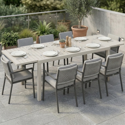 Outsunny Mesa de Jardim Extensível 150/225x85x75 cm Mesa de Jantar em Alumínio com Tampo de Ripas para 6-8 Pessoas Branco