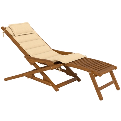 Outsunny Espreguiçadeira Dobrável de Madeira de Acácia com Descanso para os Pés Removível e Almofada com Apoio de Cabeça 158x61x70 cm Bege