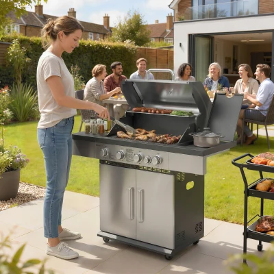 Outsunny Portable Gas BBQ Grill 4+1 Burner with Cabinet Black