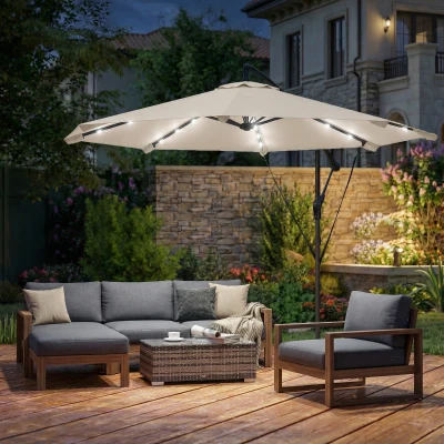 Outsunny Cantilever Parasol w/LED Lights & Base Cream White