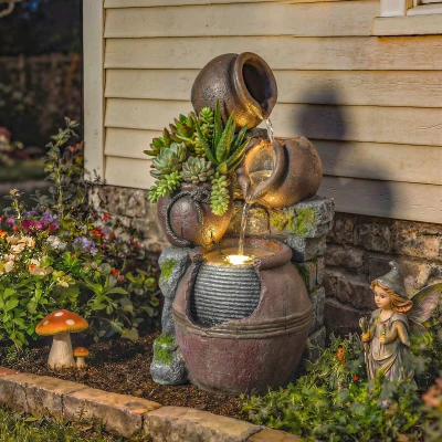 Outsunny 4-Tier Fountain with Planter Rustic Brown
