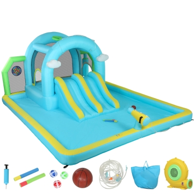 AIYAPLAY Castillo Hinchable Acuático 7 en 1 con Soplador 2 Toboganes Trampolín Piscina Canasta Columna de Boxeo 426x360x198 cm