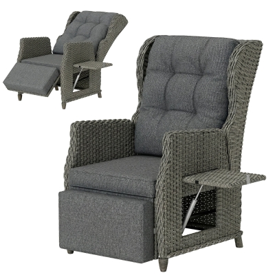 Outsunny Rattan Recliner Chair w/ Cushion & Table Dark Grey