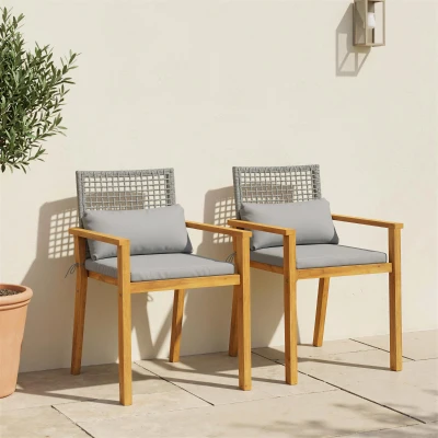 Outsunny Conjunto 2 Cadeiras em Madeira de Acácia com Almofadas e Almofadas Decorativas, Natural.
