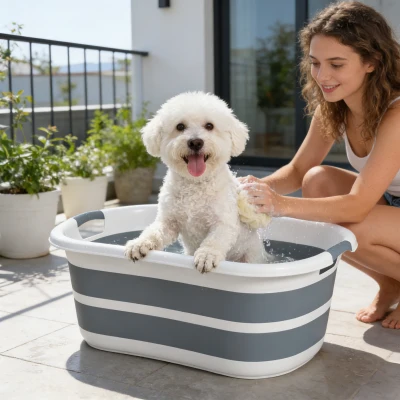 PawHut Portable Foldable Dog Bathtub with Drain Grey