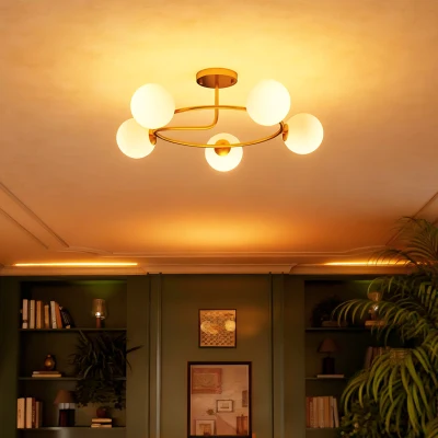 HOMCOM Plafonnier Moderne 5 Lumières G9 Doré et Blanc