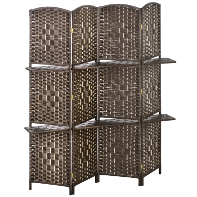 HOMCOM Biombo Separador de Ambientes 4 Painéis 160x170 cm com 2 Prateleiras Dobrável de Fibra de Papel Castanho