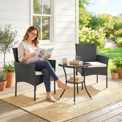 Outsunny Rattan Bistro Set 3 Piece Glass Table Cream White