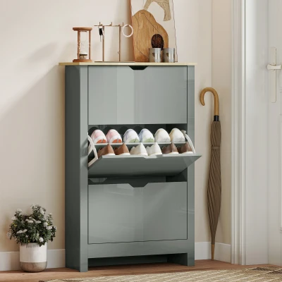 HOMCOM Slim Shoe Cabinet 3 Flip Drawers Light Grey