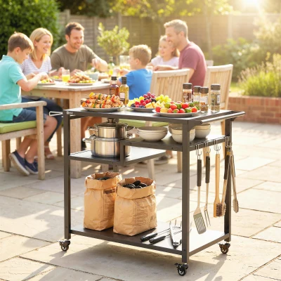 Outsunny Grill Cart 3-Tier Steel Tabletop with Wheels Black