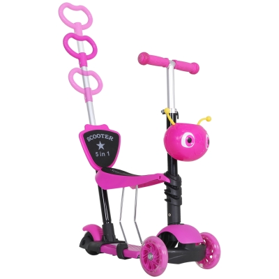 HOMCOM Trotinete 5 em 1 para Crianças com 3 Rodas Assento Removível e Guiador Ajustável Carga Máxima 50 kg 62x25x72,5 cm Rosa