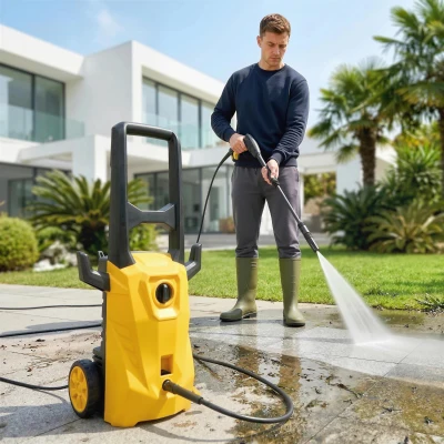 Outsunny Hidrolimpiadora de Alta Presión 1600W 120 Bar con Bomba Boquilla Ajustable y Parada Automática 29,5x22x60 cm Amarillo