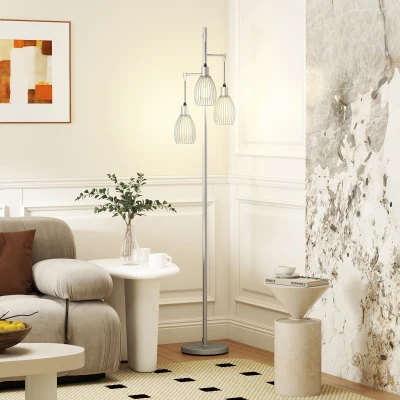 HOMCOM Industrial 3-Light Floor Lamp Steel Silver 170cm
