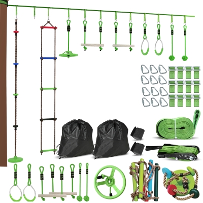AIYAPLAY Obstacle Course for Kids with 10PCs Slackline Kit, with Monkey Bars, Gym Rings, Rope Ladder, Nest Swing, Hanging Tray