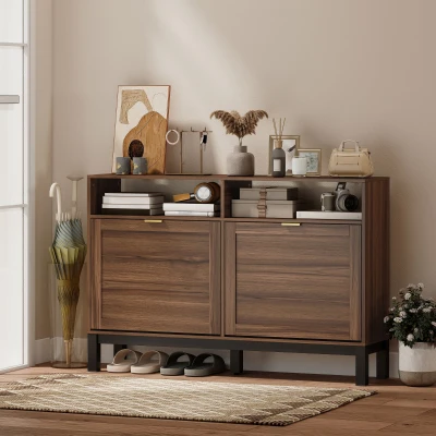 HOMCOM Shoe Cabinet 2 Flip Drawers Rustic Brown