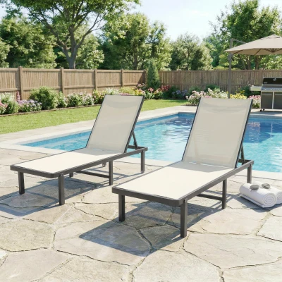 Outsunny 2er-Set verstellbare Sonnenliegen mit Rollen Respaldo Ajustable 4 Niveles Estructura de Aluminio Tela Textilene Beige