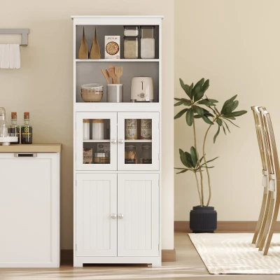 HOMCOM Armário de Cozinha com 2 Portas de Vidro Temperado 2 Prateleiras Abertas e Armário com Prateleira Ajustável 60x30x162 cm Branco