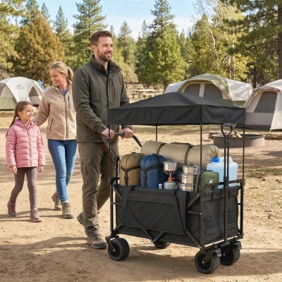 Outsunny Carro de Jardín Plegable con Ruedas Grandes Bloqueables Barra Ajustable Portavasos para Campaña 125x59x133 cm Negro