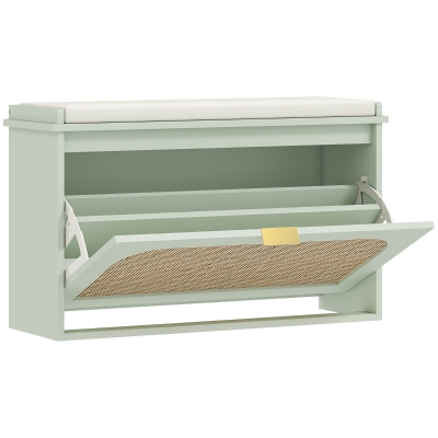 HOMCOM Banco para sapatos, banco de arrumação, assento acolchoado, gaveta basculante, porta em vime, 80 x 26 x 47,5 cm, verde