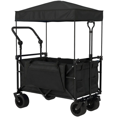 Outsunny Carro de Jardín Plegable con Ruedas Grandes Bloqueables Barra Ajustable Portavasos para Campaña 125x59x133 cm Negro