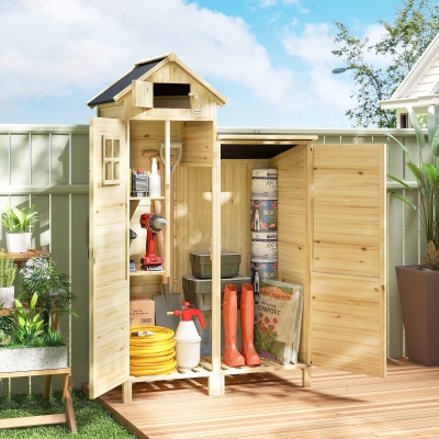 Outsunny Caseta de Jardín de Madera Armario para Herramientas con Estantes Desmontables y Puertas 106x57x167 cm Madera Natural