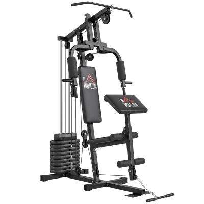 HOMCOM Máquina de Musculación con Pesas Ajustables de 45 kg Prensa de Pecho y Piernas Polea 135x103x210 cm Negro