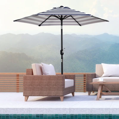 Outsunny Sombrilla de Jardín Ø230x216 cm con Apertura Manual Ángulo Ajustable e Impermeable para Terraza Piscina Azul y Blanco