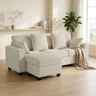 HOMCOM Ecksofa mit umkehrbarer Chaiselongue, 3-Sitzer Sofa mit Samtoptik, breite und tiefe Sitzfläche, Federkissen, Beige