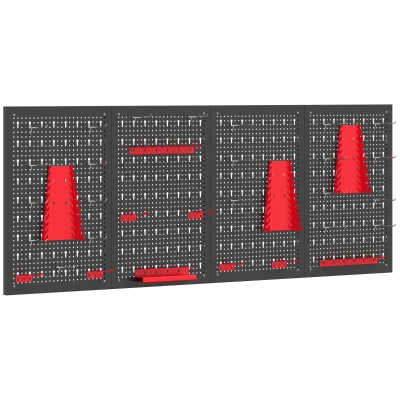 HOMCOM 4 Paneles de Herramientas de Pared 38 Piezas cada panel 60x40 cm con Ganchos y Estantes Negro y Rojo