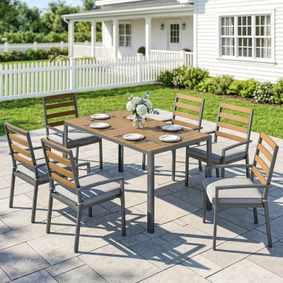 Outsunny Set mobilier grădină 7 piese, set cu 1 masă de dining, 6 scaune, perne, pentru terasă, lemn natural