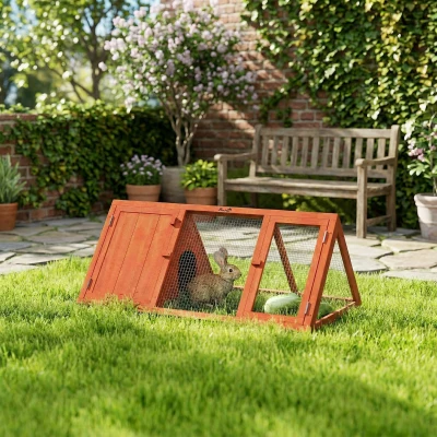 PawHut Wooden Rabbit Hutch with Run Outdoor Triangle House