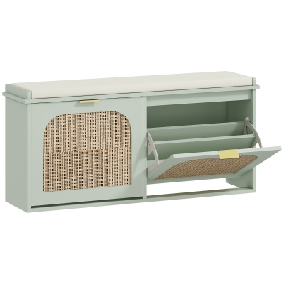 HOMCOM Banco para zapatos, banco de almacenamiento, asiento acolchado, cajones abatibles, puerta de ratán, 104 x 26 x 47,5 cm, verde